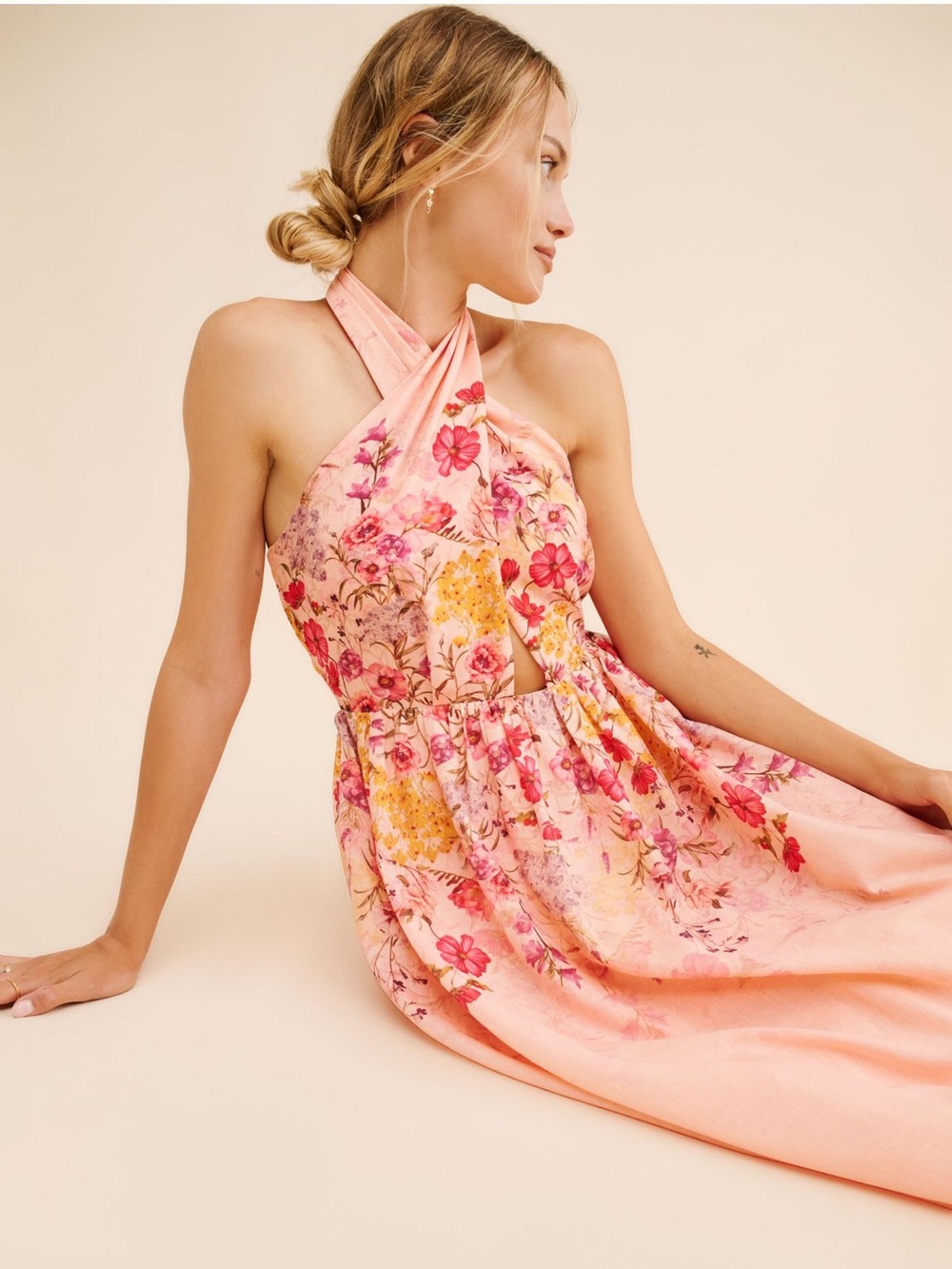 Let Me Be Florentine Halter Midi Dress M FLORAL Anthropologie Peach like color - Picture 3 of 8